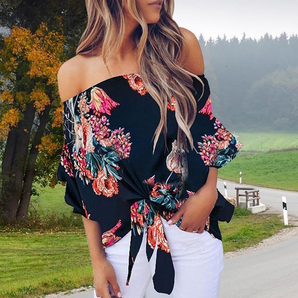 women print blouses summer off shoulder floral female shirt casual loose lace up plus size ladies woman blouse, White 
women print blouses summer off shoulder floral female shirt casual loose lace up plus size ladies woman blouse, White
