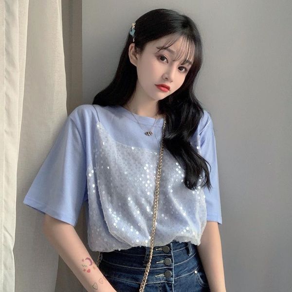 women's t-shirt 2021 summer sequin fake two women fashion streetwear o-neck mesh short sleeve cotton tshirt femme, White
women's t-shirt 2021 summer sequin fake two women fashion streetwear o-neck mesh short sleeve cotton tshirt femme, White