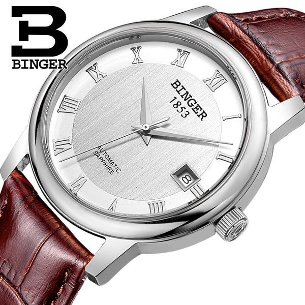 switzerland binger watches men mechanical wristwatches sapphire full stainless steel 1 year b653, Slivery;brown 
switzerland binger watches men mechanical wristwatches sapphire full stainless steel 1 year b653, Slivery;brown