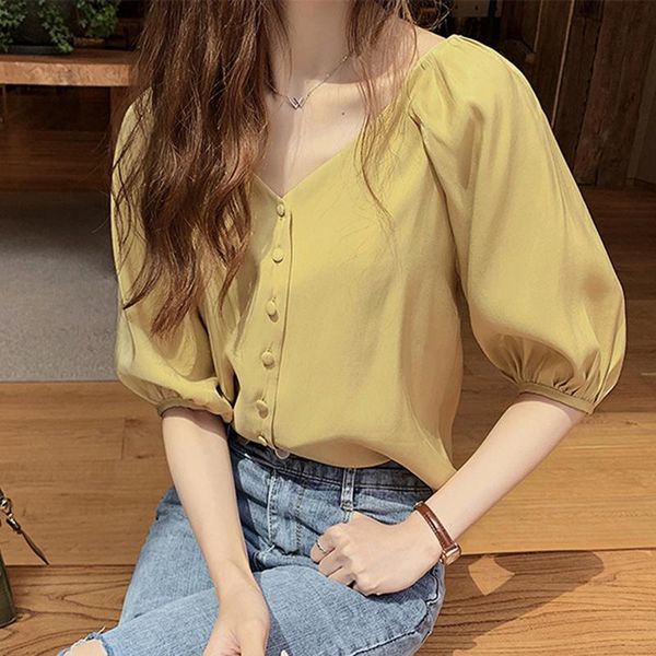 trend women lantern sleeve blouse sweet single-breasted loose casual short sleeve korean summer plain chiffon shirt, White
trend women lantern sleeve blouse sweet single-breasted loose casual short sleeve korean summer plain chiffon shirt, White