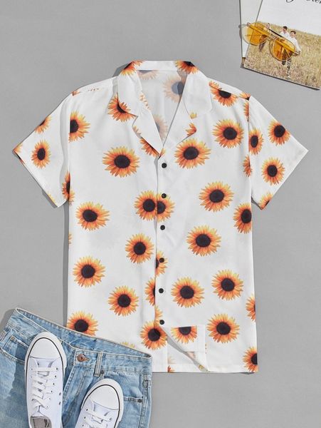 men sunflower print lapel neck shirt i4rx#, White;black