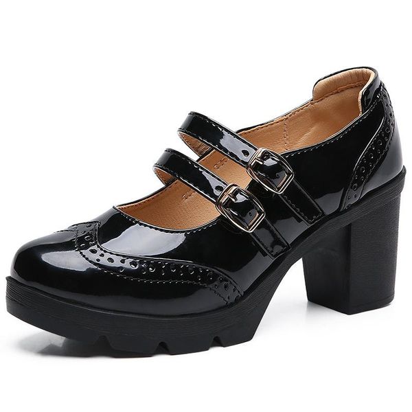 dress shoes ladies high heels british style double buckles strap patent leather 7cm square heel women mary jane platform, Black
dress shoes ladies high heels british style double buckles strap patent leather 7cm square heel women mary jane platform, Black