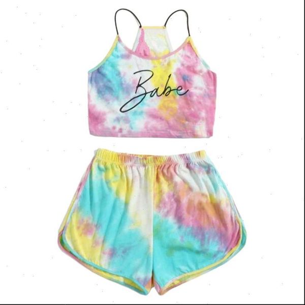 women tie dye letter 2 piece set gradient rainbow cami crop shorts tracksuit, Gray 
women tie dye letter 2 piece set gradient rainbow cami crop shorts tracksuit, Gray