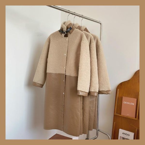 women's wool & blends winter fashion faux lamb fur pu leather splicing long woolen overcoat women sleeve straight coat quality female o, Black
women's wool & blends winter fashion faux lamb fur pu leather splicing long woolen overcoat women sleeve straight coat quality female o, Black