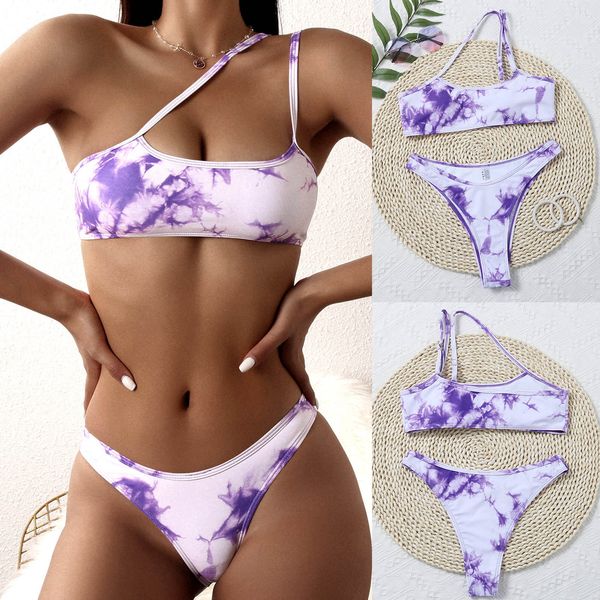 3Pieces/Lot Women Tie Dye Printing Irregular Single Shoulder Strap Bikini Set Two Pieces Split With Chest Pad Swimsuit, Purple
3Pieces/Lot Women Tie Dye Printing Irregular Single Shoulder Strap Bikini Set Two Pieces Split With Chest Pad Swimsuit, Purple