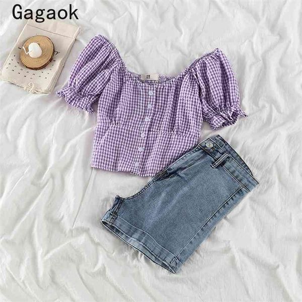 women purple vintage blouse summer square collar puff sleeve plaid short navel slim chic wild fashion shirts 210531, White
women purple vintage blouse summer square collar puff sleeve plaid short navel slim chic wild fashion shirts 210531, White