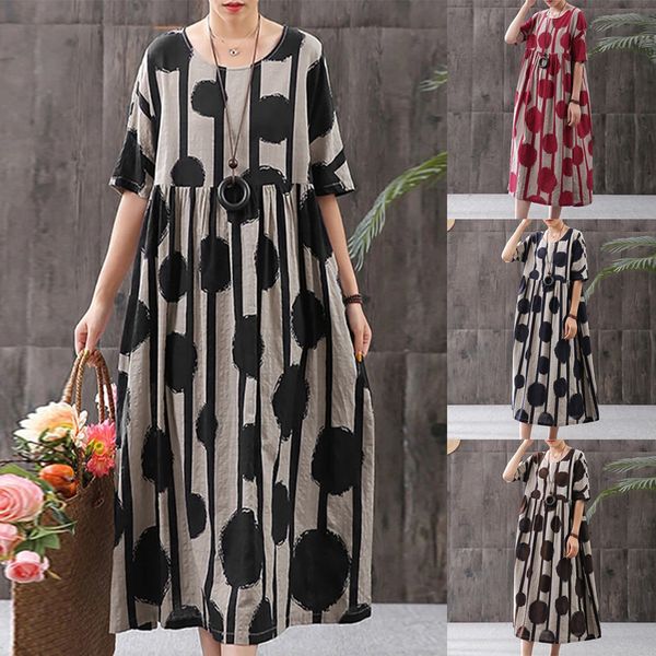 women dress ladies summer fashion plus size o-neck dot print vintage short sleeve loose long dress casual beach vestidos, Black;gray
women dress ladies summer fashion plus size o-neck dot print vintage short sleeve loose long dress casual beach vestidos, Black;gray