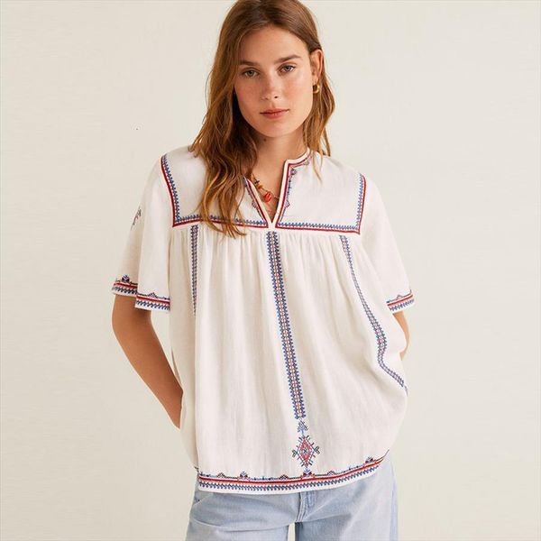 beige ethnic cotton womens shirt embroidery v neck short sleeve boho summer blouses loose women blusa, White 
beige ethnic cotton womens shirt embroidery v neck short sleeve boho summer blouses loose women blusa, White