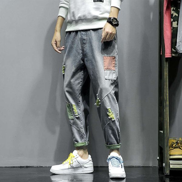 2021 autumn new grey wall trend casual men's irregular patch jeans, Blue 
2021 autumn new grey wall trend casual men's irregular patch jeans, Blue