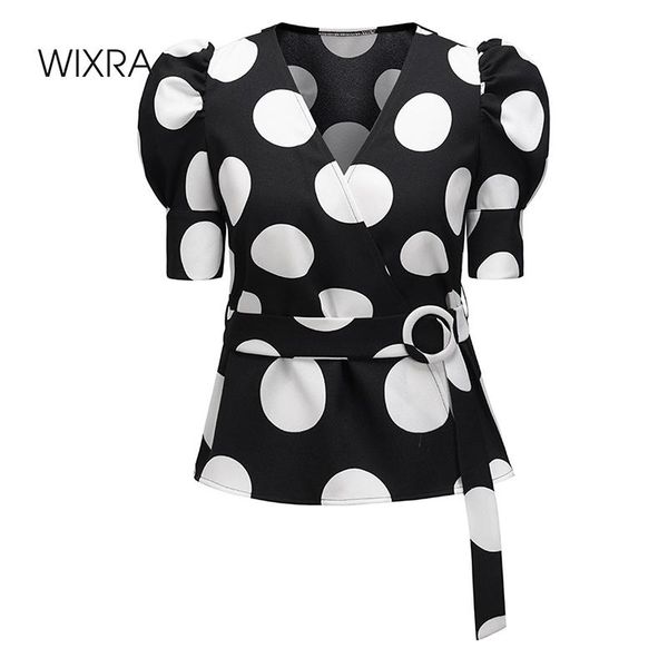 women's blouses & shirts wixra women v neck blouse elegant short puff sleeve dot print with sashes for lady summer, White
women's blouses & shirts wixra women v neck blouse elegant short puff sleeve dot print with sashes for lady summer, White