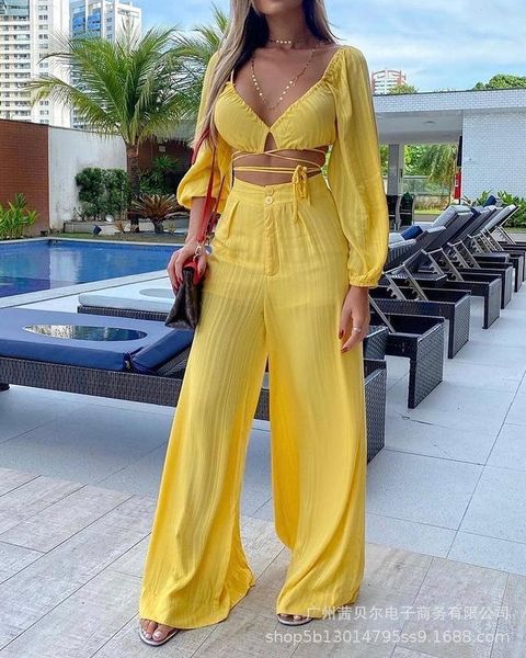 women's two piece pants women clothes set full sleeve bandage + high waist button wide leg casual trousers clothing suit, White
women's two piece pants women clothes set full sleeve bandage + high waist button wide leg casual trousers clothing suit, White