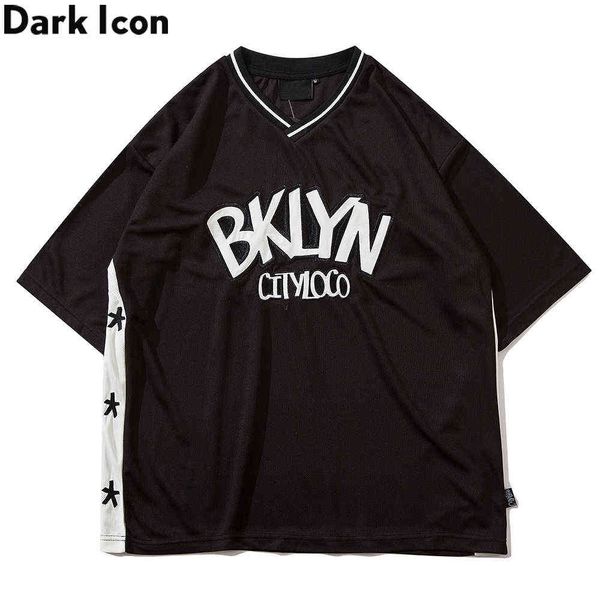 side patchwork letters embroidery mesh material men's t-shirt v-neck streetwear tshirts for man 210603, White;black
side patchwork letters embroidery mesh material men's t-shirt v-neck streetwear tshirts for man 210603, White;black