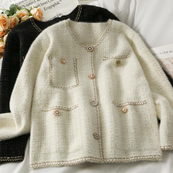women's knits & tees cardigans bright silk check single-breasted long-sleeved sweater jacket autumn loose elegant women, White
women's knits & tees cardigans bright silk check single-breasted long-sleeved sweater jacket autumn loose elegant women, White