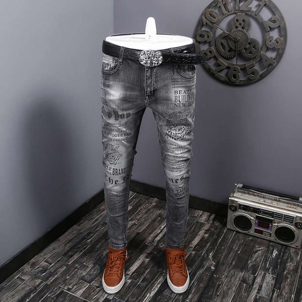 black grey jeans men's spring and summer thin print fashion brand stretch slim straight handsome long pants, Blue
black grey jeans men's spring and summer thin print fashion brand stretch slim straight handsome long pants, Blue