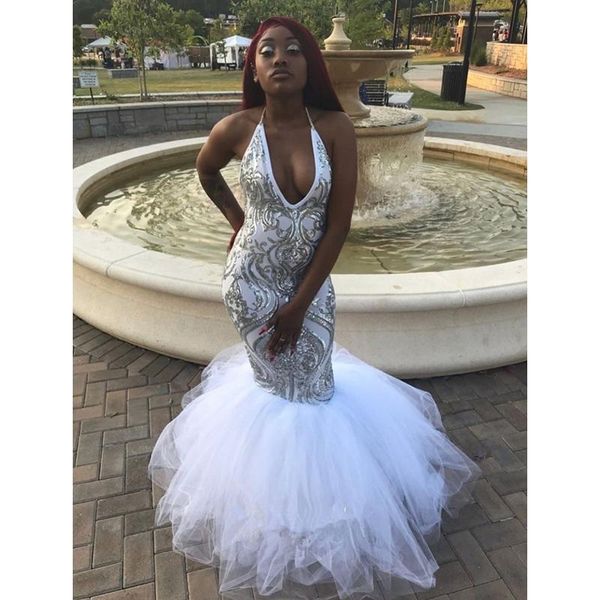 party dresses sliver mermaid prom halter neck tull floor length sparkly sequined black girl formal evening gowns dress, White;black
party dresses sliver mermaid prom halter neck tull floor length sparkly sequined black girl formal evening gowns dress, White;black
