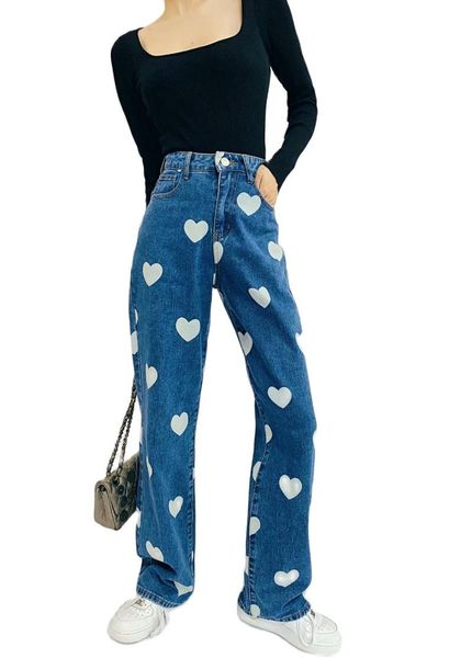 women's jeans 2021 autumn american bloggers street style personality love print straight leg, Blue