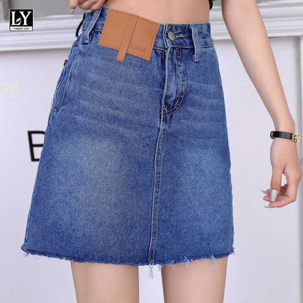 ly varey lin spring summer women casual denim skirts with belt high waist solid a-line skirt slim pocket short 210526, Black