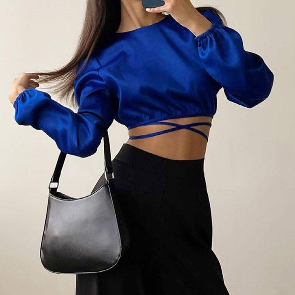 women's blouses & shirts satin o neck blue blouse autumn summer long sleeve lace up elegant women silk wrap backless female crop to, White
women's blouses & shirts satin o neck blue blouse autumn summer long sleeve lace up elegant women silk wrap backless female crop to, White