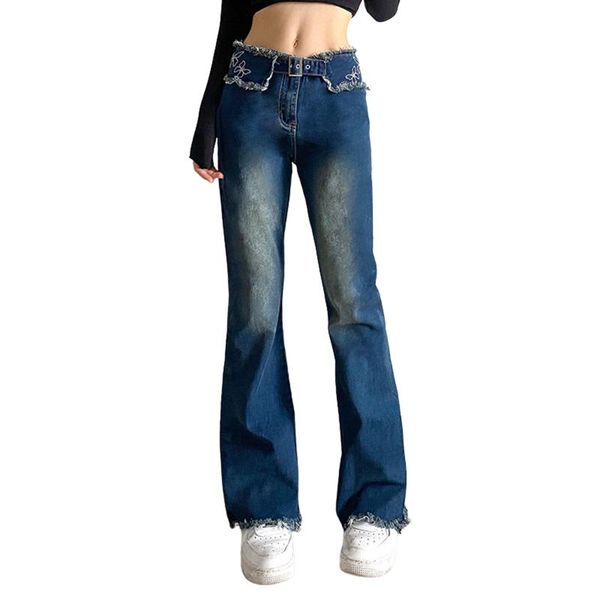 women's jeans spring autumn flare high waist butterfly embroidery wide leg frayed denim pants, Blue
women's jeans spring autumn flare high waist butterfly embroidery wide leg frayed denim pants, Blue