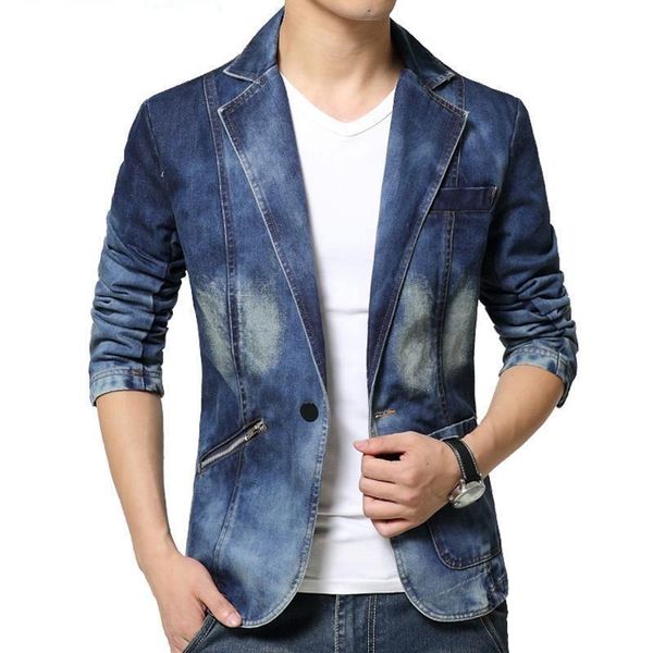 men's suits & blazers men denim blazer slim fit jeans coat male coats single breasted leisure jean jacket casual, White;black
men's suits & blazers men denim blazer slim fit jeans coat male coats single breasted leisure jean jacket casual, White;black