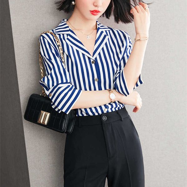 summer womens shirts blue striped female v-neck short chiffon for ol -blouses 210604, White
summer womens shirts blue striped female v-neck short chiffon for ol -blouses 210604, White