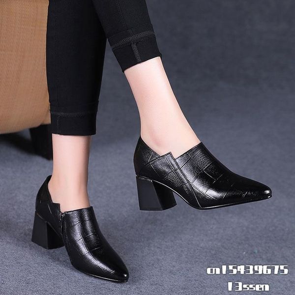 dress shoes pointed toe mid heels women 2021 autumn single woman soft pu leather shoe square heel female korea style side zip black