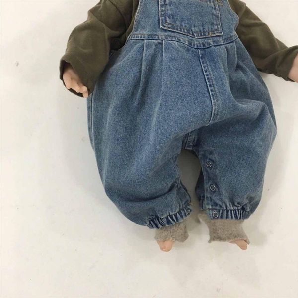 spring and summer korean childrens clothing boys girls loose bottom strap denim, Blue