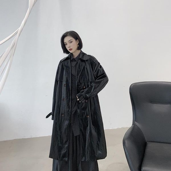 women's trench coats 2021 autumn women x-long glossy pu belt bandage dark long coat loose oversize female japan style gothic owen cloth, Tan;black
women's trench coats 2021 autumn women x-long glossy pu belt bandage dark long coat loose oversize female japan style gothic owen cloth, Tan;black