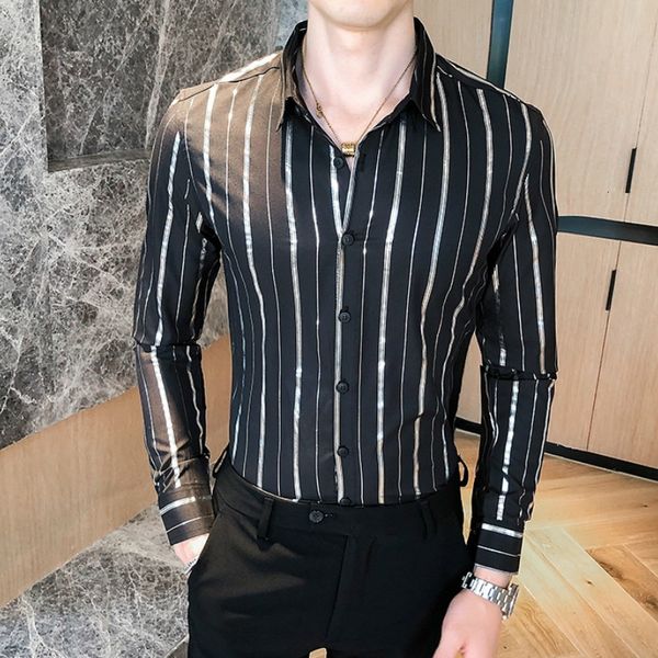men's luxury striped with long sleeves thin suit social club night clothes for man's business casual shirt iqf3, White;black
men's luxury striped with long sleeves thin suit social club night clothes for man's business casual shirt iqf3, White;black