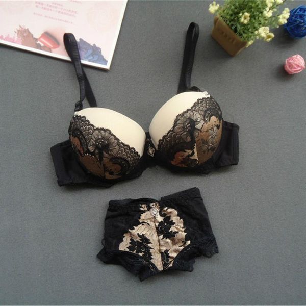 

bras sets french brand abc cup push up bra set women's fashion lace underwear intimate noble young girl brief, Red;black