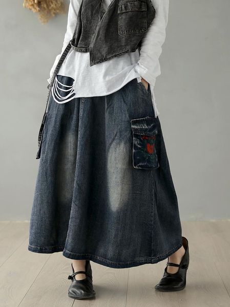 skirts 2021 cotton denim long maxi for women autumn spring elastic waist a-line pockets embroidery, Black
skirts 2021 cotton denim long maxi for women autumn spring elastic waist a-line pockets embroidery, Black