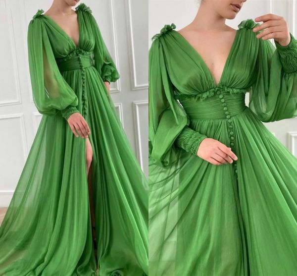 green chiffon a line evening dresses deep v neck pleats 2021 arabic aso ebi long sleeved prom gowns front slit buttons women formal party we, Black;red
green chiffon a line evening dresses deep v neck pleats 2021 arabic aso ebi long sleeved prom gowns front slit buttons women formal party we, Black;red
