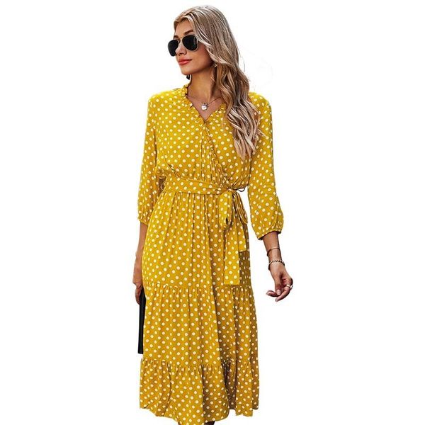 2021 new polka dot midi for women spring fashion three quarter v neck with belt elegant ladies casual boho beach es vestidos 6blq, Black;gray
2021 new polka dot midi for women spring fashion three quarter v neck with belt elegant ladies casual boho beach es vestidos 6blq, Black;gray
