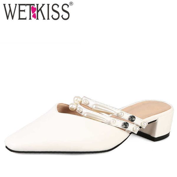 wetkiss thick med heels slippers women square toe footwear pearl slides shoes female crystal mules shoes woman summer 210630, Black
wetkiss thick med heels slippers women square toe footwear pearl slides shoes female crystal mules shoes woman summer 210630, Black