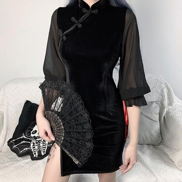 new chinese qipao modern dress 2021 women vintage gothic dresses summer lace up mesh bodycon split mini elegant vestidos, Black;gray
new chinese qipao modern dress 2021 women vintage gothic dresses summer lace up mesh bodycon split mini elegant vestidos, Black;gray