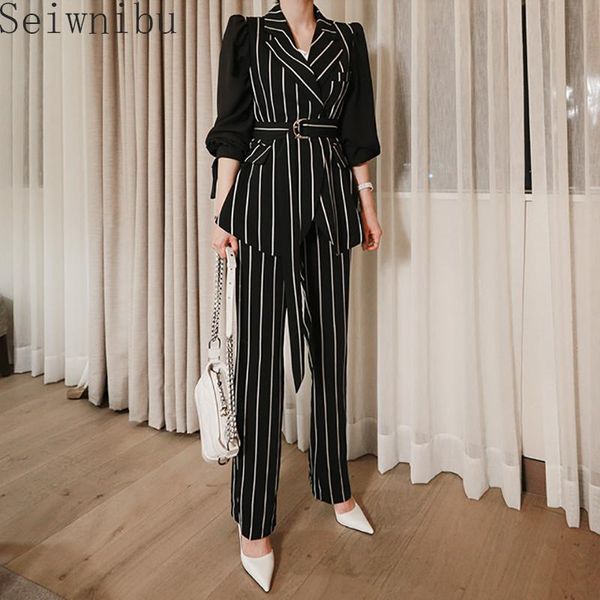 women's two piece pants seiwnibu women autumn korean style striped suit black 2 pieces work chiffon stitching bowknot belted, White
women's two piece pants seiwnibu women autumn korean style striped suit black 2 pieces work chiffon stitching bowknot belted, White
