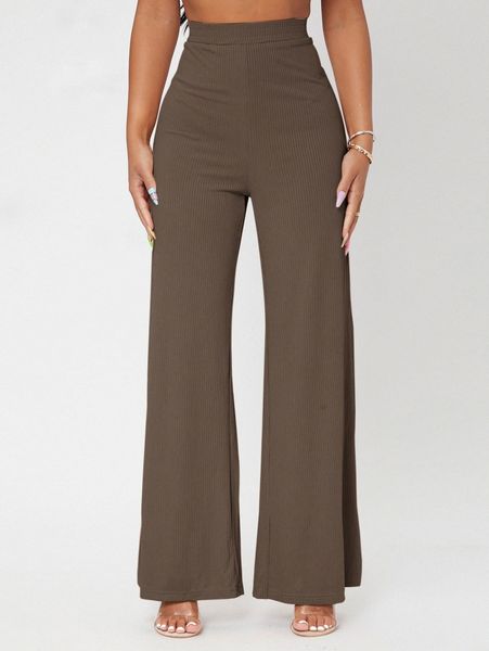 petite solid rib-knit wide leg pants z2hd#, Black;white
