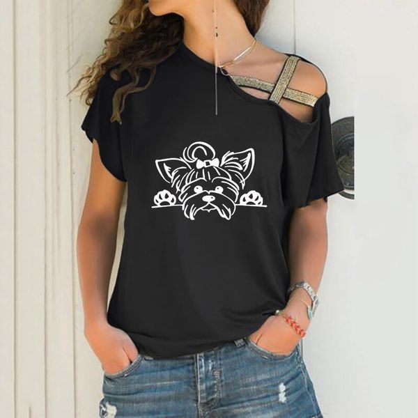women's t-shirt yorkshire terrier dog letter print loose irregular women skew neck cross bandage for female animal lover gift, White
women's t-shirt yorkshire terrier dog letter print loose irregular women skew neck cross bandage for female animal lover gift, White