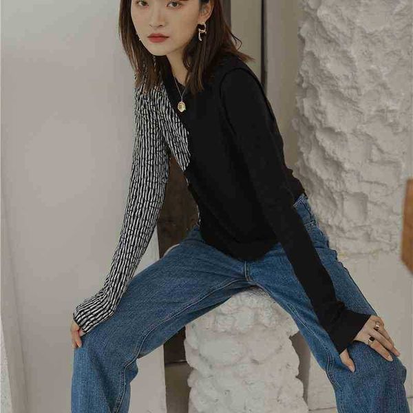 women's t-shirt crewneck long sleeve fall women clothing pathwork t knitted black tee autumn fashion sz97, White
women's t-shirt crewneck long sleeve fall women clothing pathwork t knitted black tee autumn fashion sz97, White