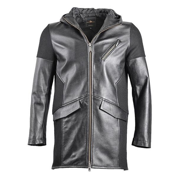 men's leather & faux patchwork 2021 hooded genuine long coat men smart causla woolen cow windbreaker real jacket male, Black
men's leather & faux patchwork 2021 hooded genuine long coat men smart causla woolen cow windbreaker real jacket male, Black