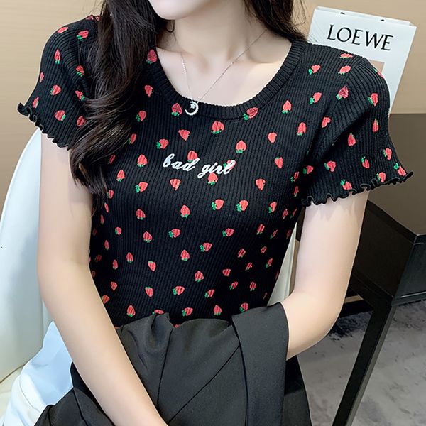 women summer t-shirt strawberry printed knitted black short sleeve female o-neck ny knit tees sx5j, White
women summer t-shirt strawberry printed knitted black short sleeve female o-neck ny knit tees sx5j, White