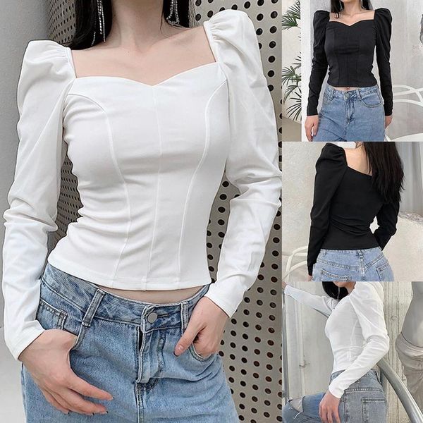 women's t-shirt women square collar vintage solid puff sleeve long party fashion, White
women's t-shirt women square collar vintage solid puff sleeve long party fashion, White