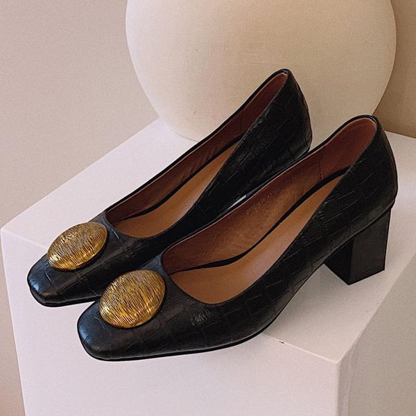 Womens genuine leather slip-on pumps thick high heel square toe botton buckle elegant ladies comfortable dress party shoes 43, Black
Womens genuine leather slip-on pumps thick high heel square toe botton buckle elegant ladies comfortable dress party shoes 43, Black