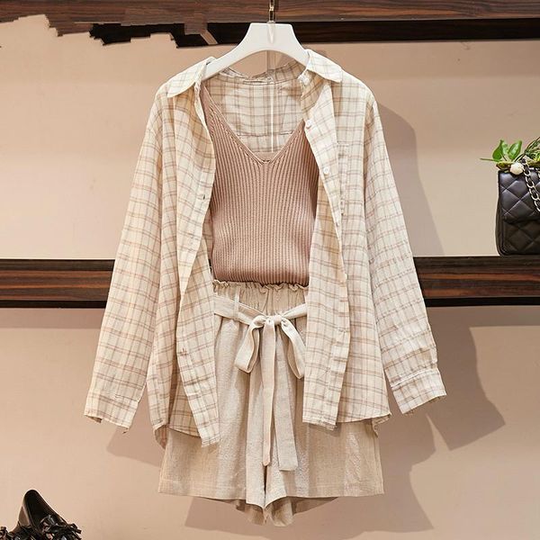 two piece dress summer autumn women 3 sets casual cotton linen plaid shirt +knitted vest+shorts elastic waist wide leg pants suit set, White
two piece dress summer autumn women 3 sets casual cotton linen plaid shirt +knitted vest+shorts elastic waist wide leg pants suit set, White