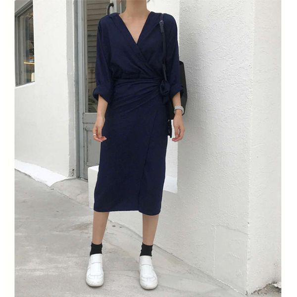 long hip v-neck 2021 irregular band women's autumn sleeve solid drs, Black;gray
long hip v-neck 2021 irregular band women's autumn sleeve solid drs, Black;gray