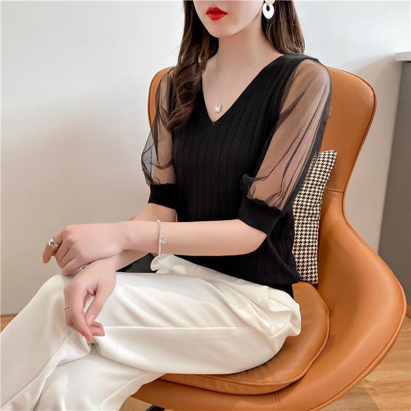 women's t-shirt and summer v-neck ice silk short sleeve mesh half stitching knitted loose base shirt, White
women's t-shirt and summer v-neck ice silk short sleeve mesh half stitching knitted loose base shirt, White