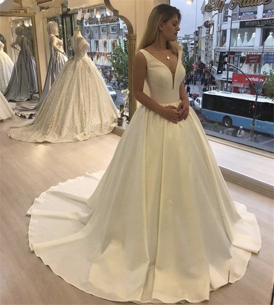 deep v neck satin a line wedding dresses court train lace-up back plus size bridal gowns vestido de noiva, White
deep v neck satin a line wedding dresses court train lace-up back plus size bridal gowns vestido de noiva, White