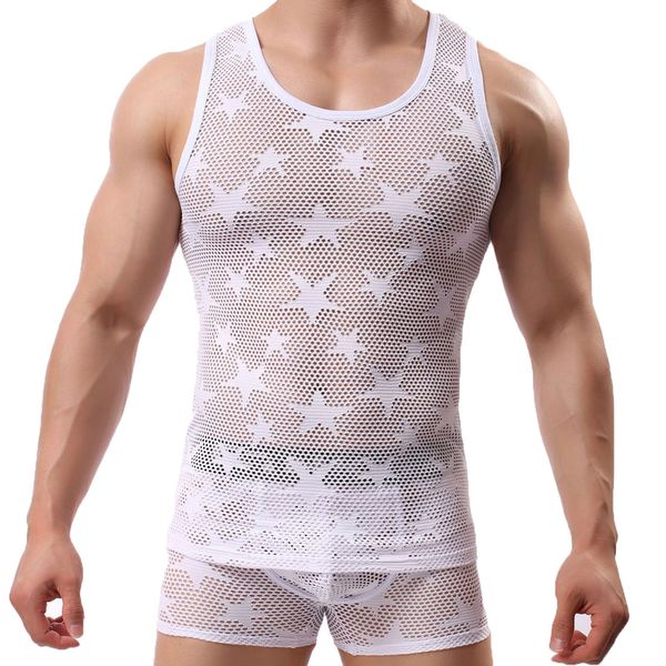 mens undershirts two piece sets mesh transparent sleeveless tank boxer shorts underwear breathable sleepwear suits, White;black
mens undershirts two piece sets mesh transparent sleeveless tank boxer shorts underwear breathable sleepwear suits, White;black