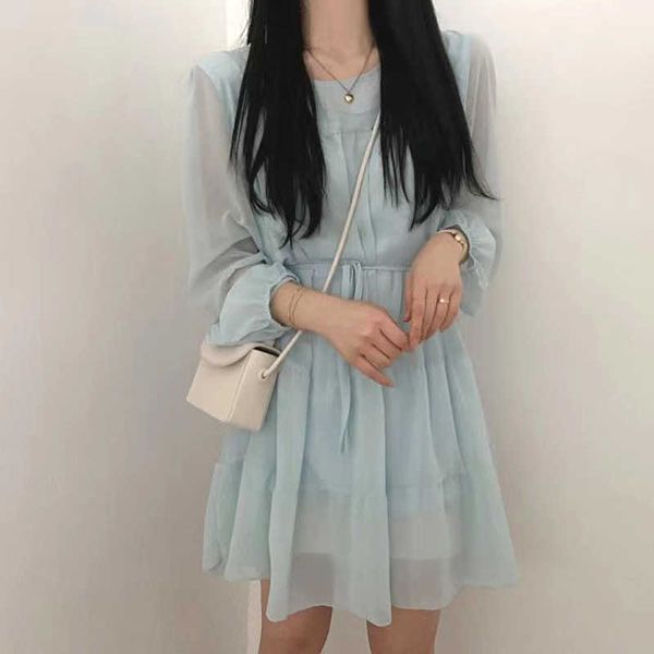 sweet korean chic o neck puff long sleeve chiffon dress women above knee loose bandage waist girls vestidos de mujer fashion 210610, Black;gray
sweet korean chic o neck puff long sleeve chiffon dress women above knee loose bandage waist girls vestidos de mujer fashion 210610, Black;gray