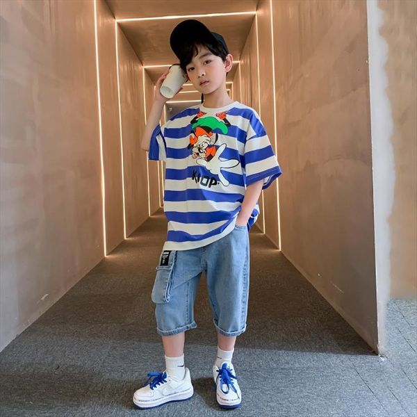 boys clothing teen sports sets cartoon striped t shirt denim pants 2pcs tracksuit kids clothes 4 6 8 10 12, White 
boys clothing teen sports sets cartoon striped t shirt denim pants 2pcs tracksuit kids clothes 4 6 8 10 12, White